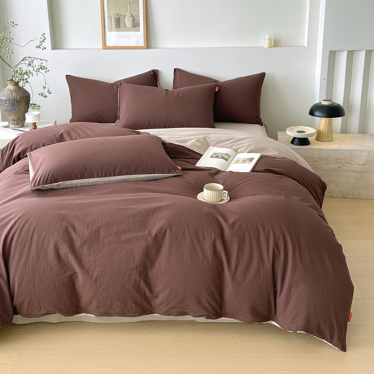 91家纺网 家纺一手货源 找家纺 春皖家纺 2026春夏新款双拼全棉纯棉水洗棉四件套 慕斯棕-卡其