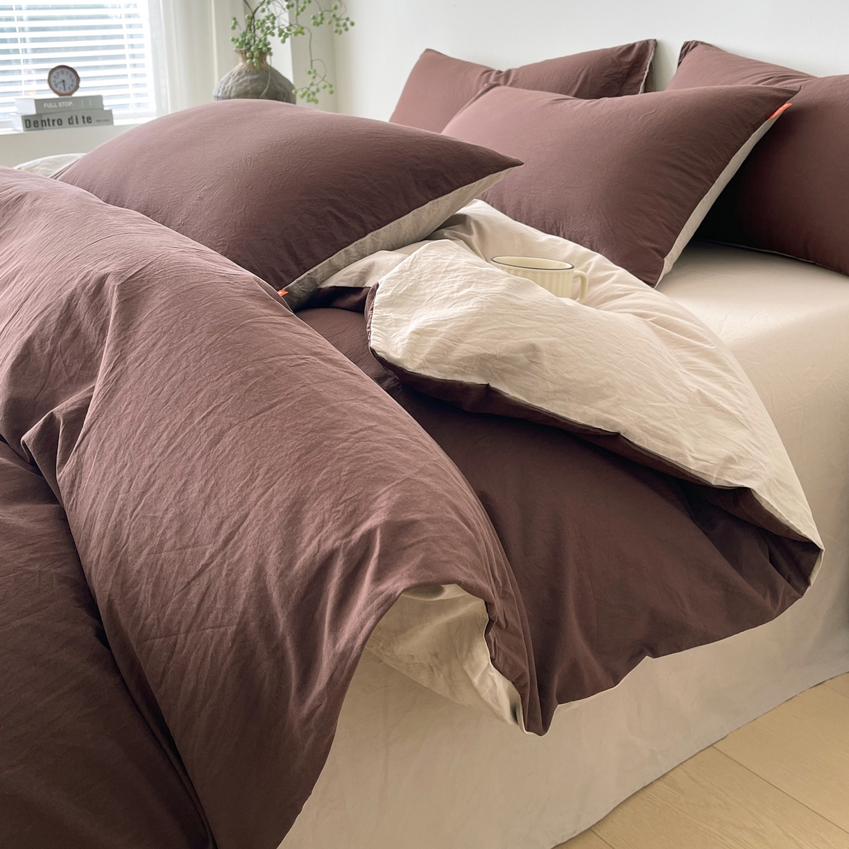 91家纺网 家纺一手货源 找家纺 春皖家纺 2026春夏新款双拼全棉纯棉水洗棉四件套 慕斯棕-卡其