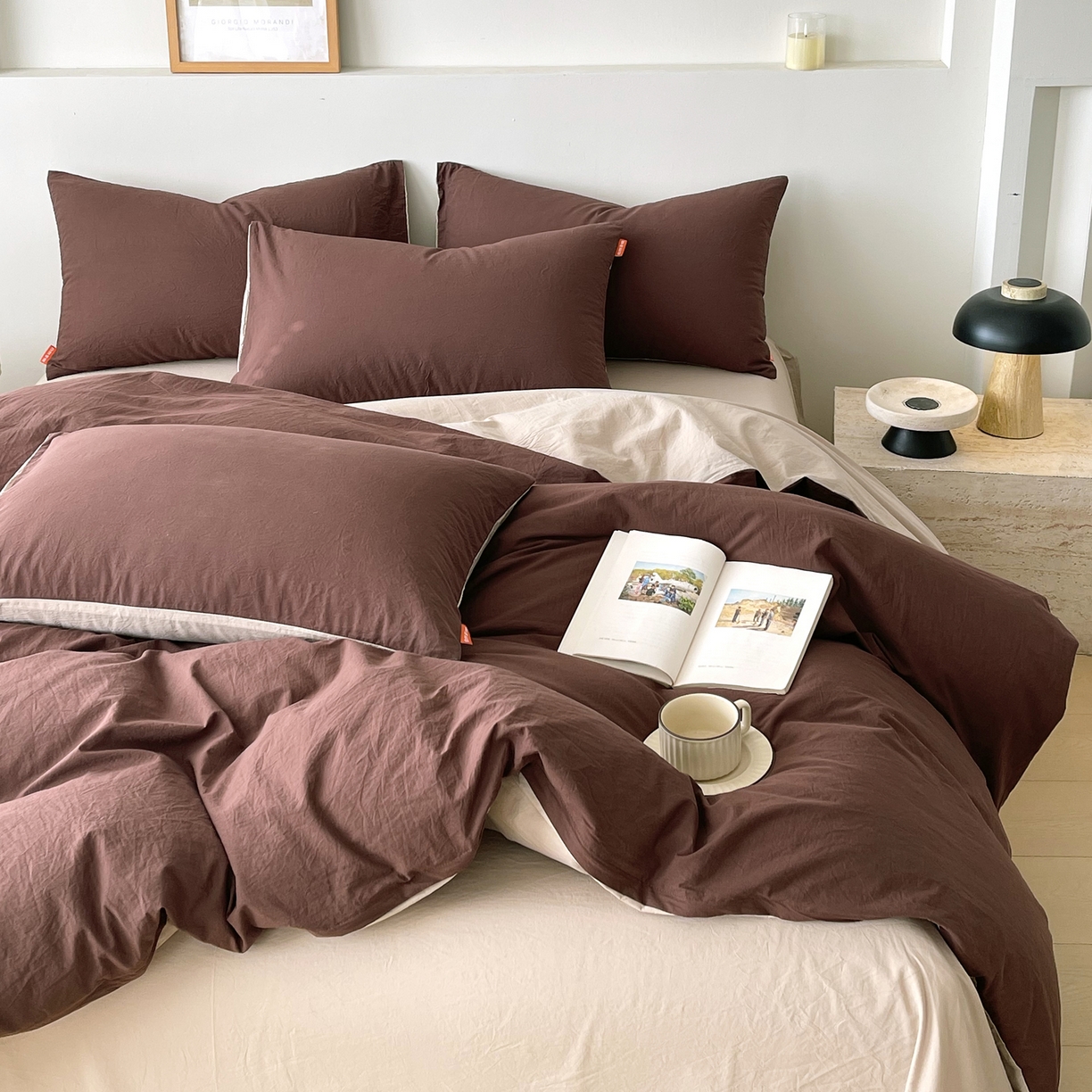 91家纺网 家纺一手货源 找家纺 春皖家纺 2026春夏新款双拼全棉纯棉水洗棉四件套 慕斯棕-卡其