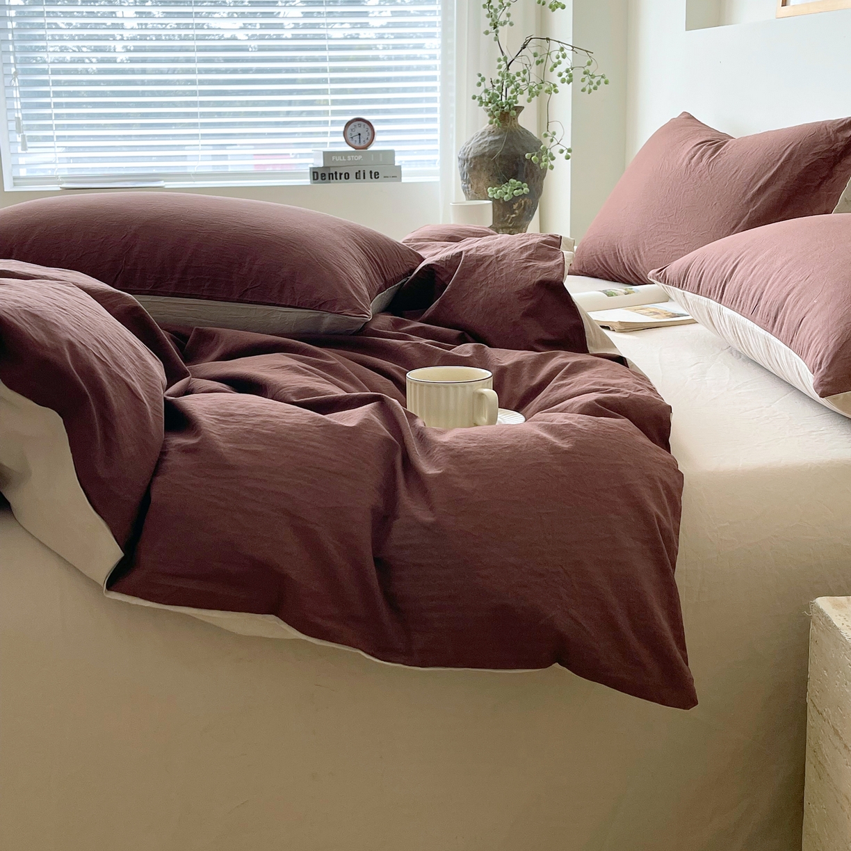 91家纺网 家纺一手货源 找家纺 春皖家纺 2026春夏新款双拼全棉纯棉水洗棉四件套 慕斯棕-卡其