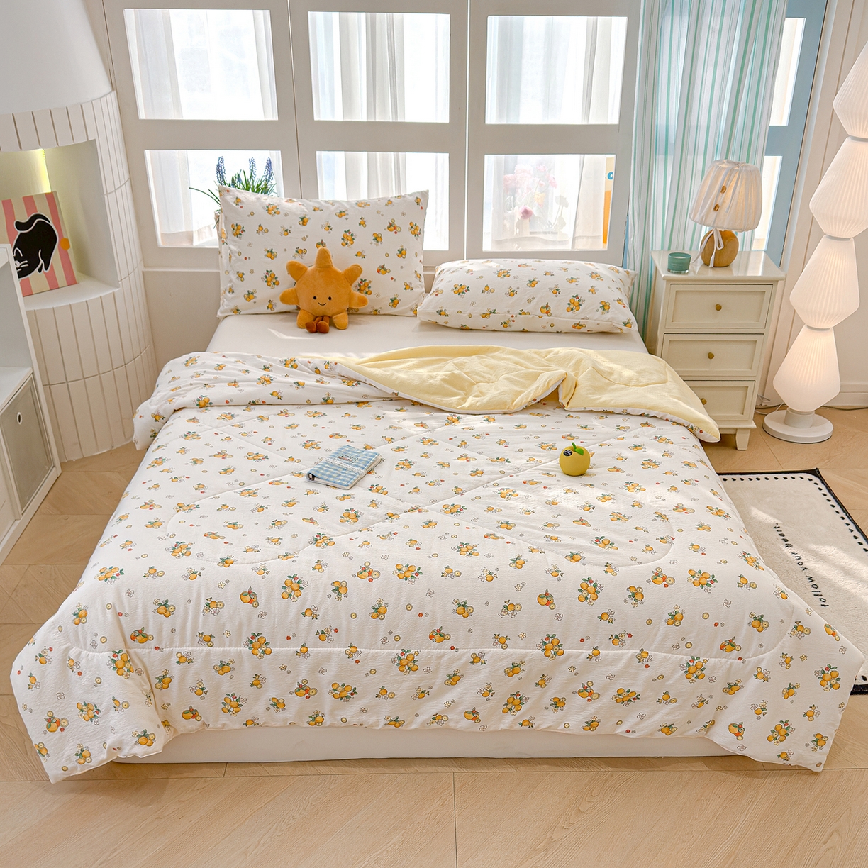 91家纺网 家纺一手货源 找家纺 弗苓家纺 2026新款A类云感有氧双层纱夏被夏凉被 甜橙