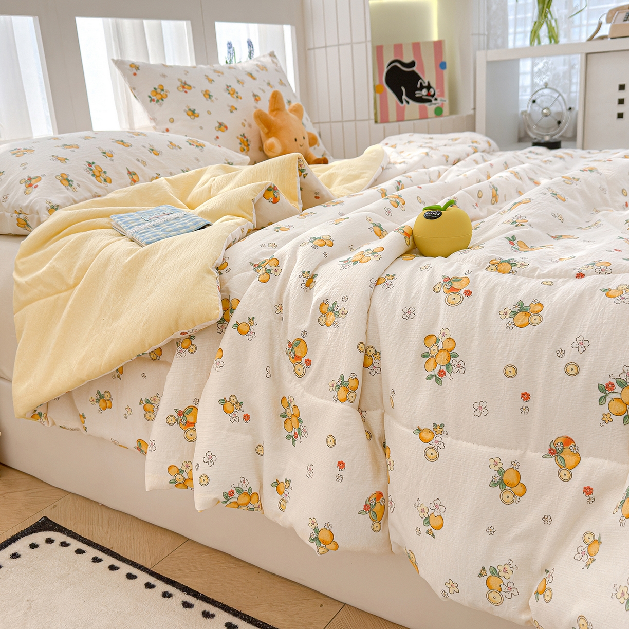 91家纺网 家纺一手货源 找家纺 弗苓家纺 2026新款A类云感有氧双层纱夏被夏凉被 甜橙