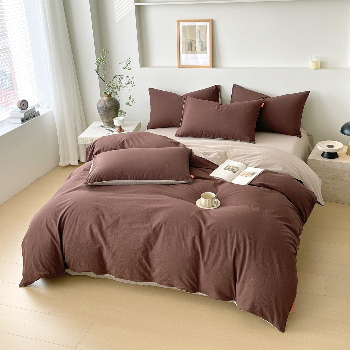 91家纺网 家纺一手货源 找家纺 春皖家纺 2026春夏新款双拼全棉纯棉水洗棉四件套 慕斯棕-卡其