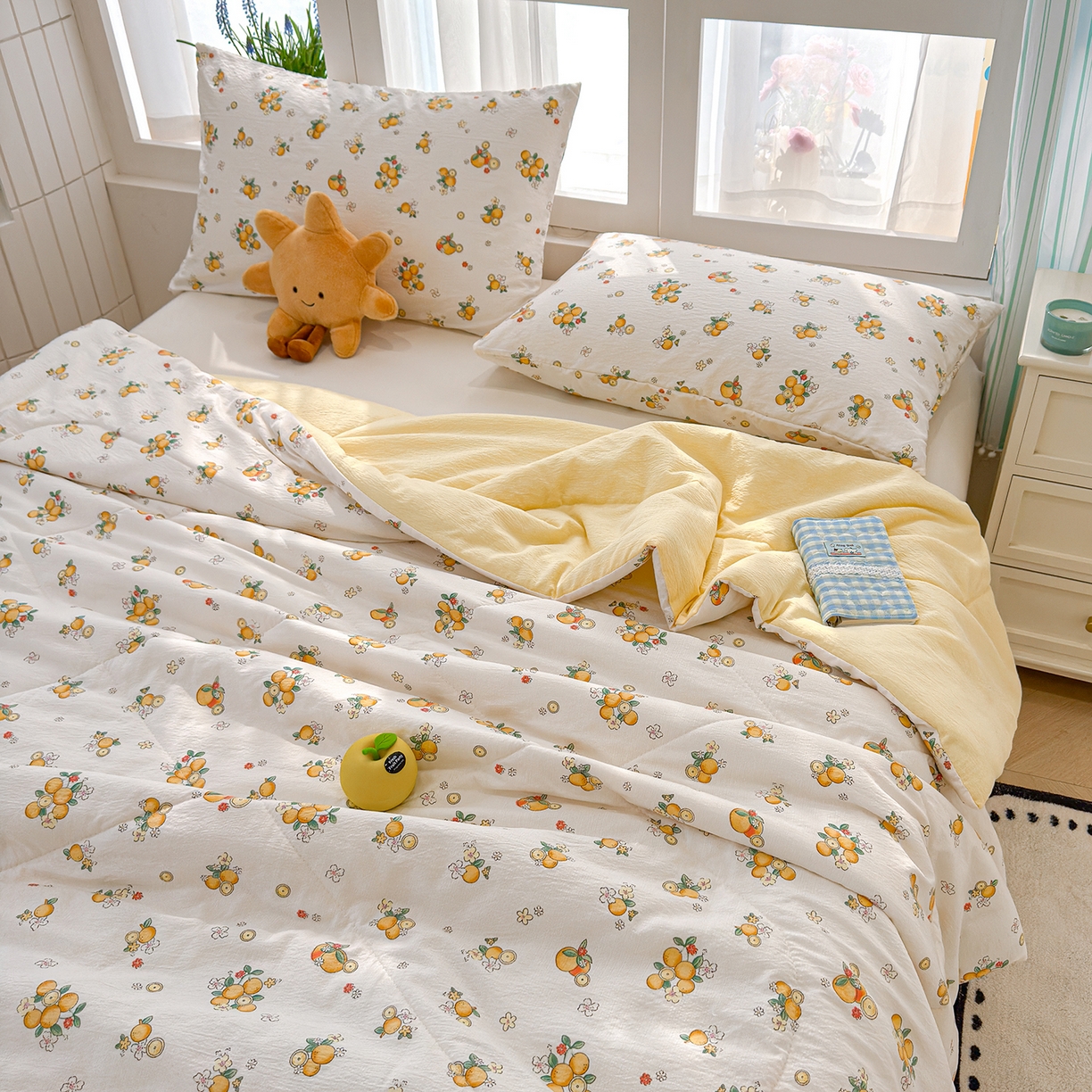 91家纺网 家纺一手货源 找家纺 弗苓家纺 2026新款A类云感有氧双层纱夏被夏凉被 甜橙