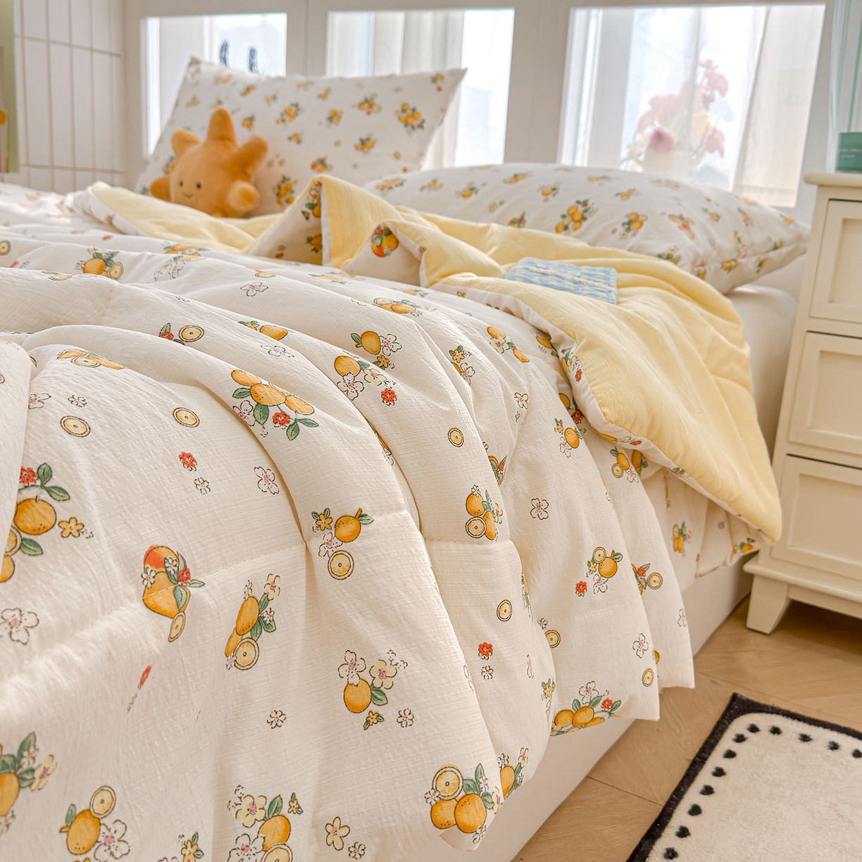 91家纺网 家纺一手货源 找家纺 弗苓家纺 2026新款A类云感有氧双层纱夏被夏凉被 甜橙