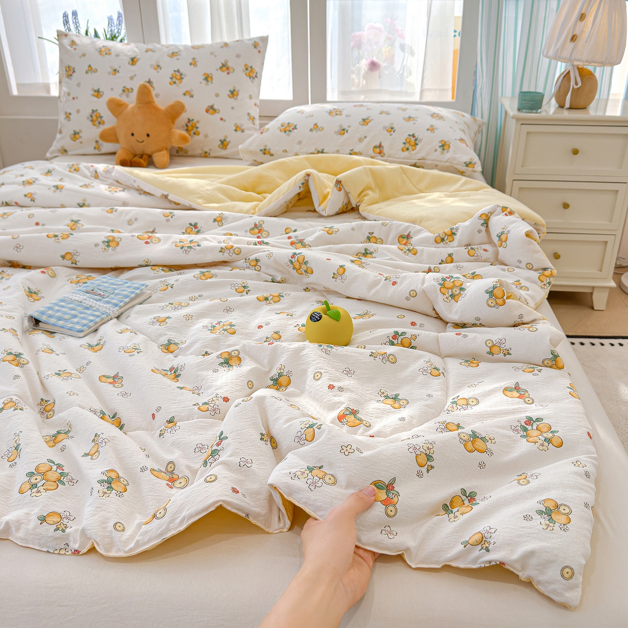 91家纺网 家纺一手货源 找家纺 弗苓家纺 2026新款A类云感有氧双层纱夏被夏凉被 甜橙