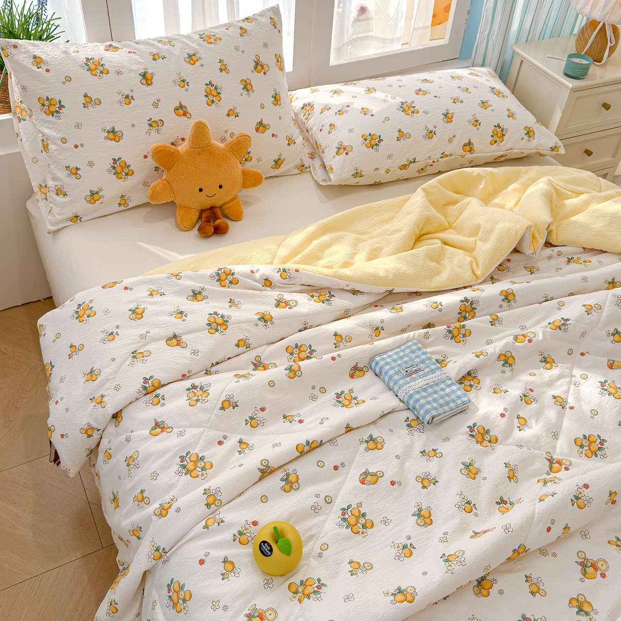 91家纺网 家纺一手货源 找家纺 弗苓家纺 2026新款A类云感有氧双层纱夏被夏凉被 甜橙