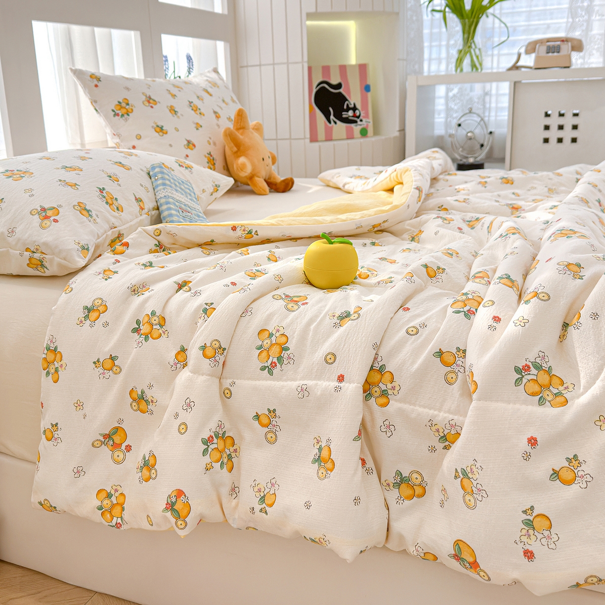 91家纺网 家纺一手货源 找家纺 弗苓家纺 2026新款A类云感有氧双层纱夏被夏凉被 甜橙