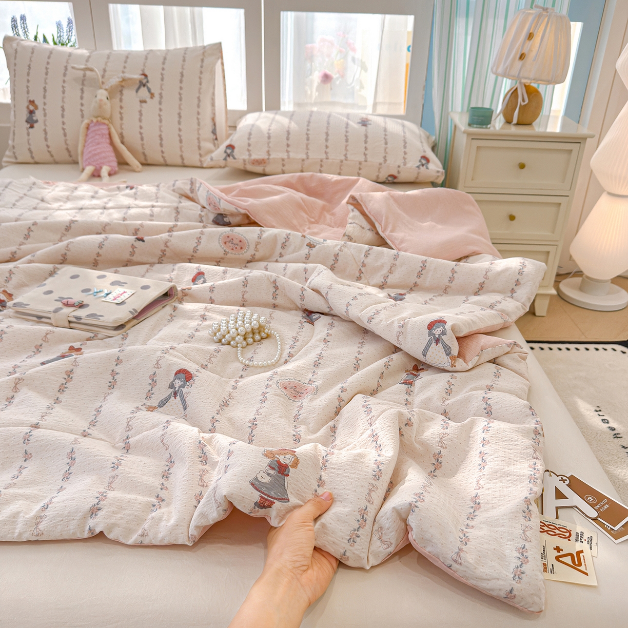 91家纺网 家纺一手货源 找家纺 弗苓家纺 2026新款A类云感有氧双层纱夏被夏凉被 午后花园