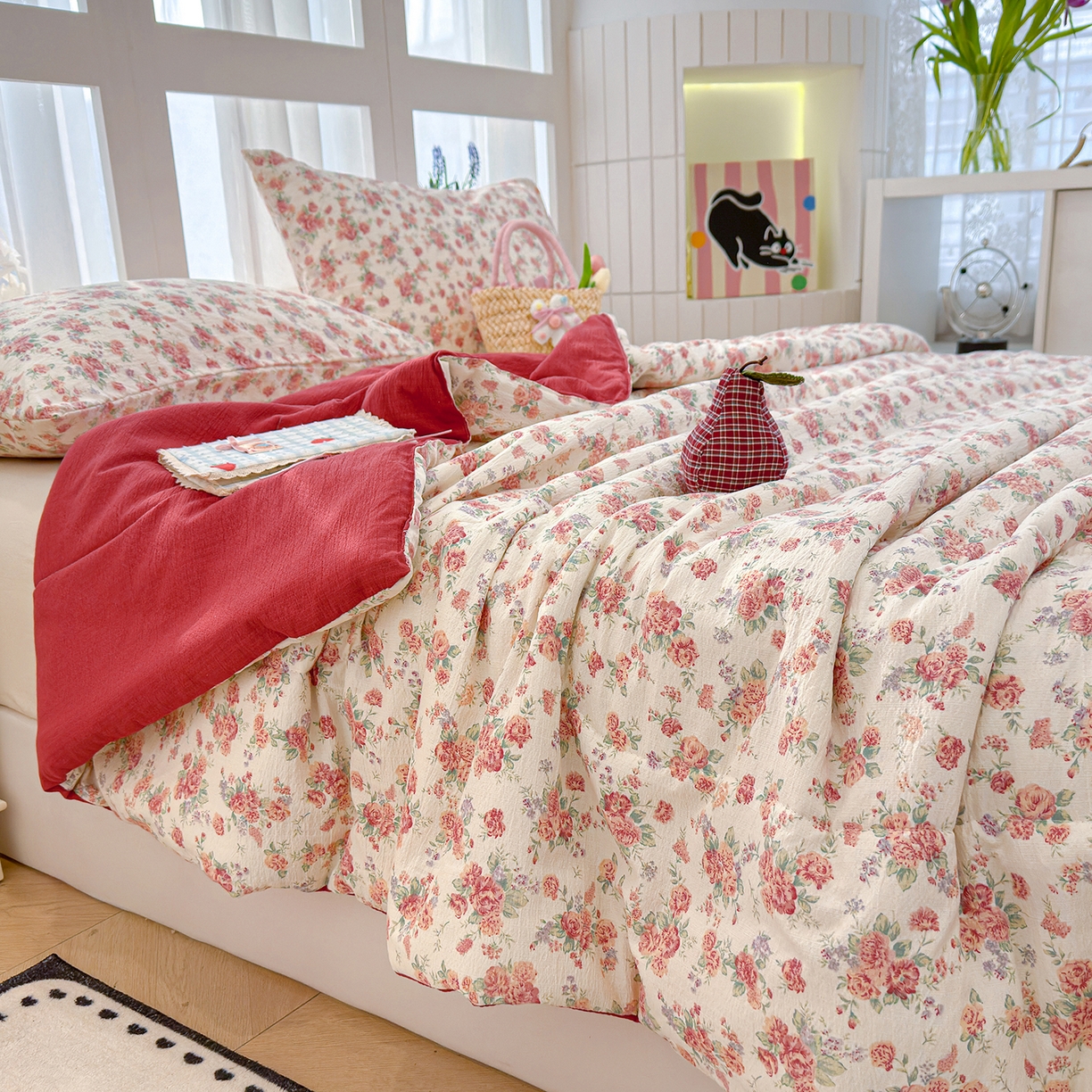 91家纺网 家纺一手货源 找家纺 弗苓家纺 2026新款A类云感有氧双层纱夏被夏凉被 梨花落