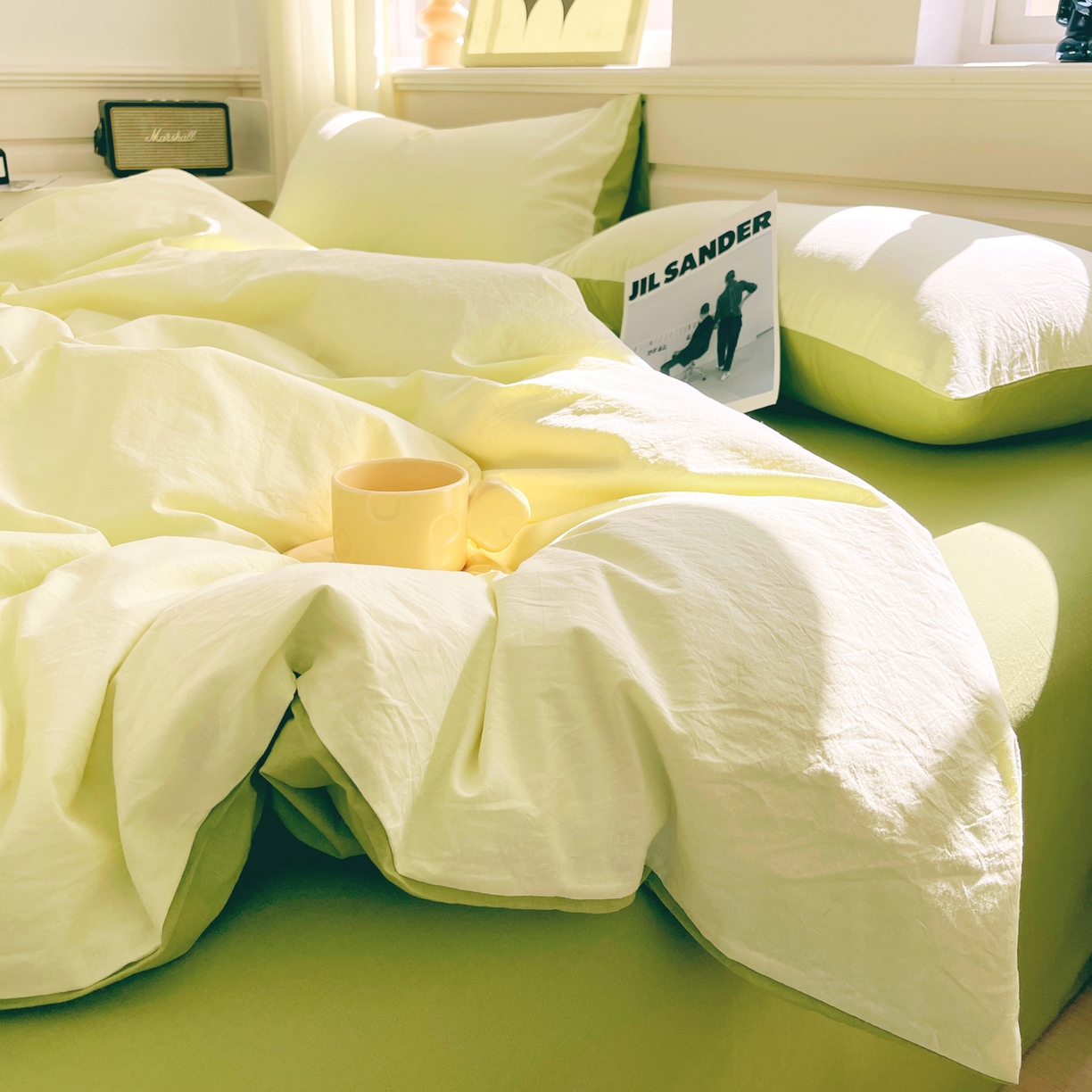 91家纺网 家纺一手货源 找家纺 春皖家纺 2026春夏新款双拼全棉纯棉水洗棉四件套 浅黄-果绿