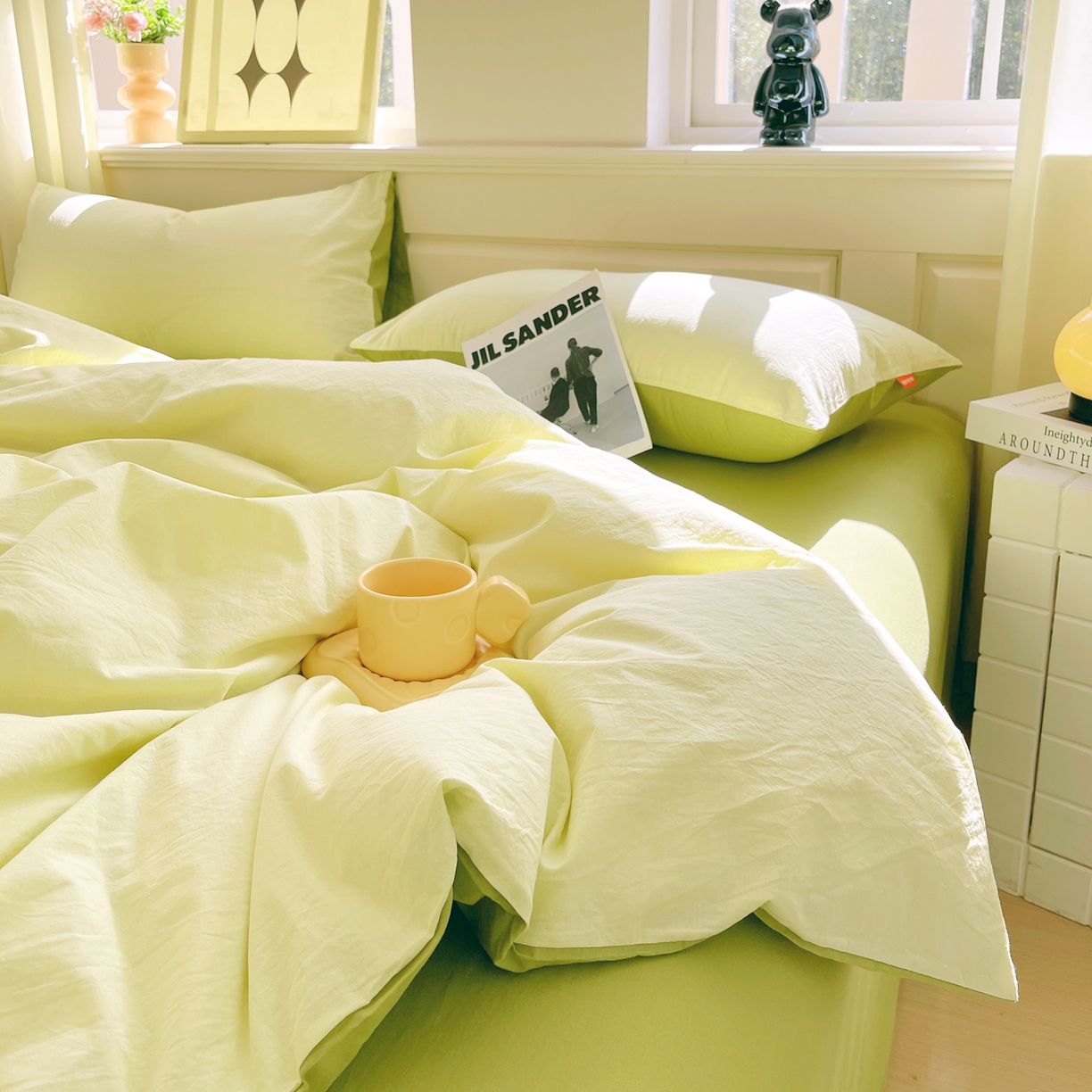 91家纺网 家纺一手货源 找家纺 春皖家纺 2026春夏新款双拼全棉纯棉水洗棉四件套 浅黄-果绿