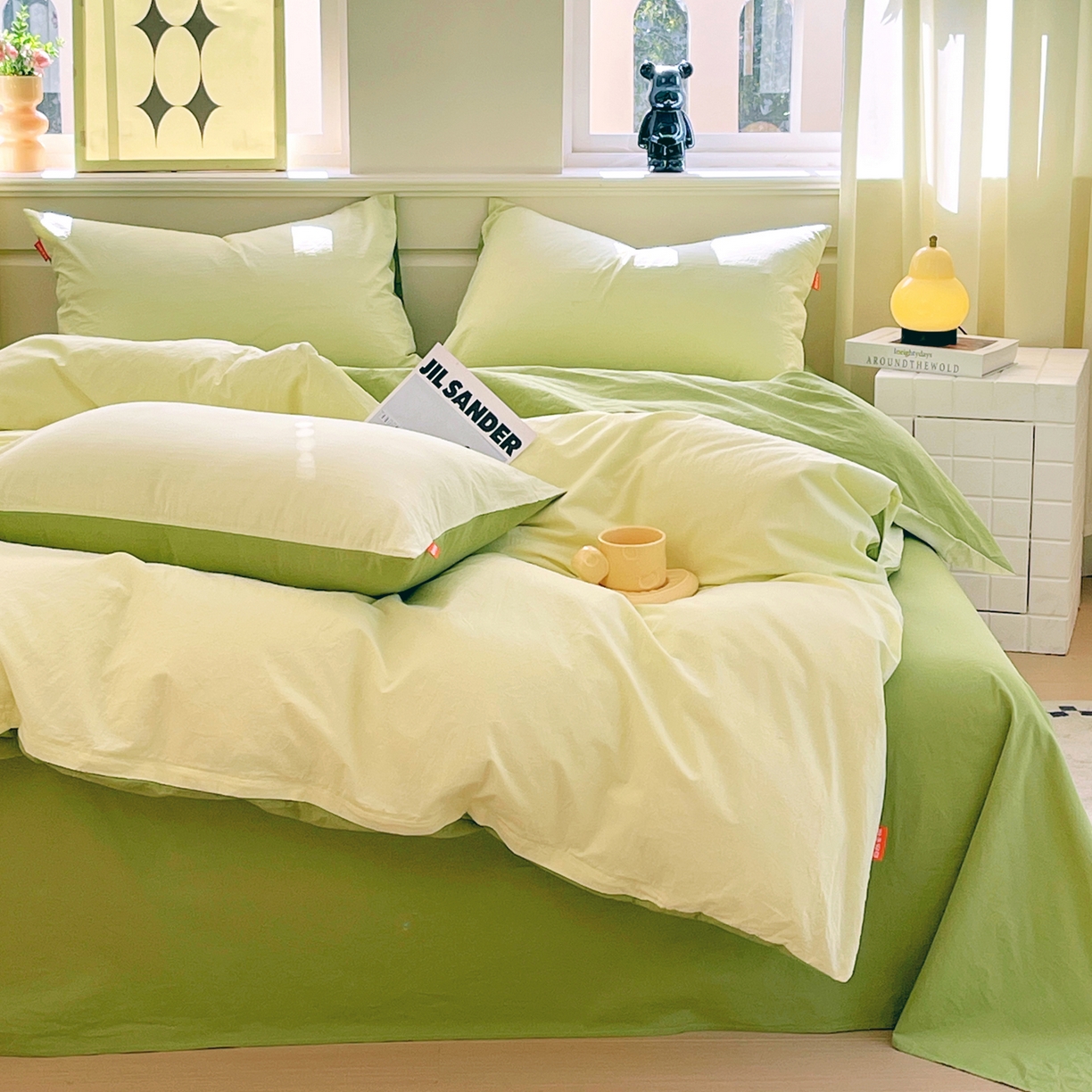 91家纺网 家纺一手货源 找家纺 春皖家纺 2026春夏新款双拼全棉纯棉水洗棉四件套 浅黄-果绿