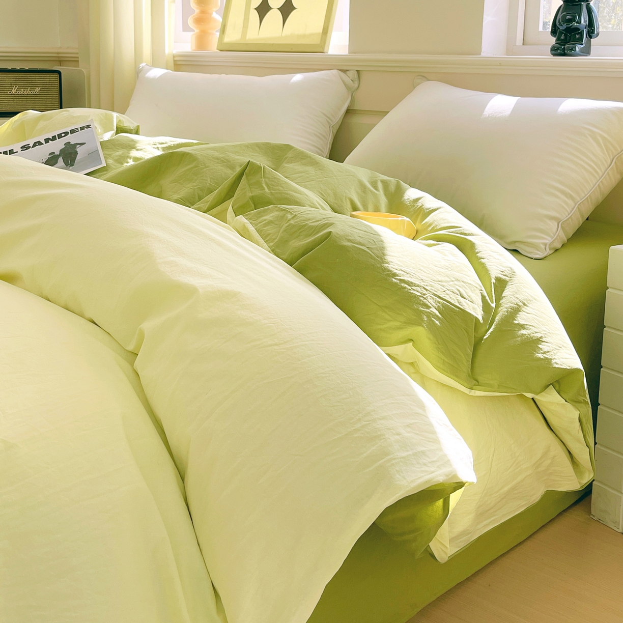 91家纺网 家纺一手货源 找家纺 春皖家纺 2026春夏新款双拼全棉纯棉水洗棉四件套 浅黄-果绿