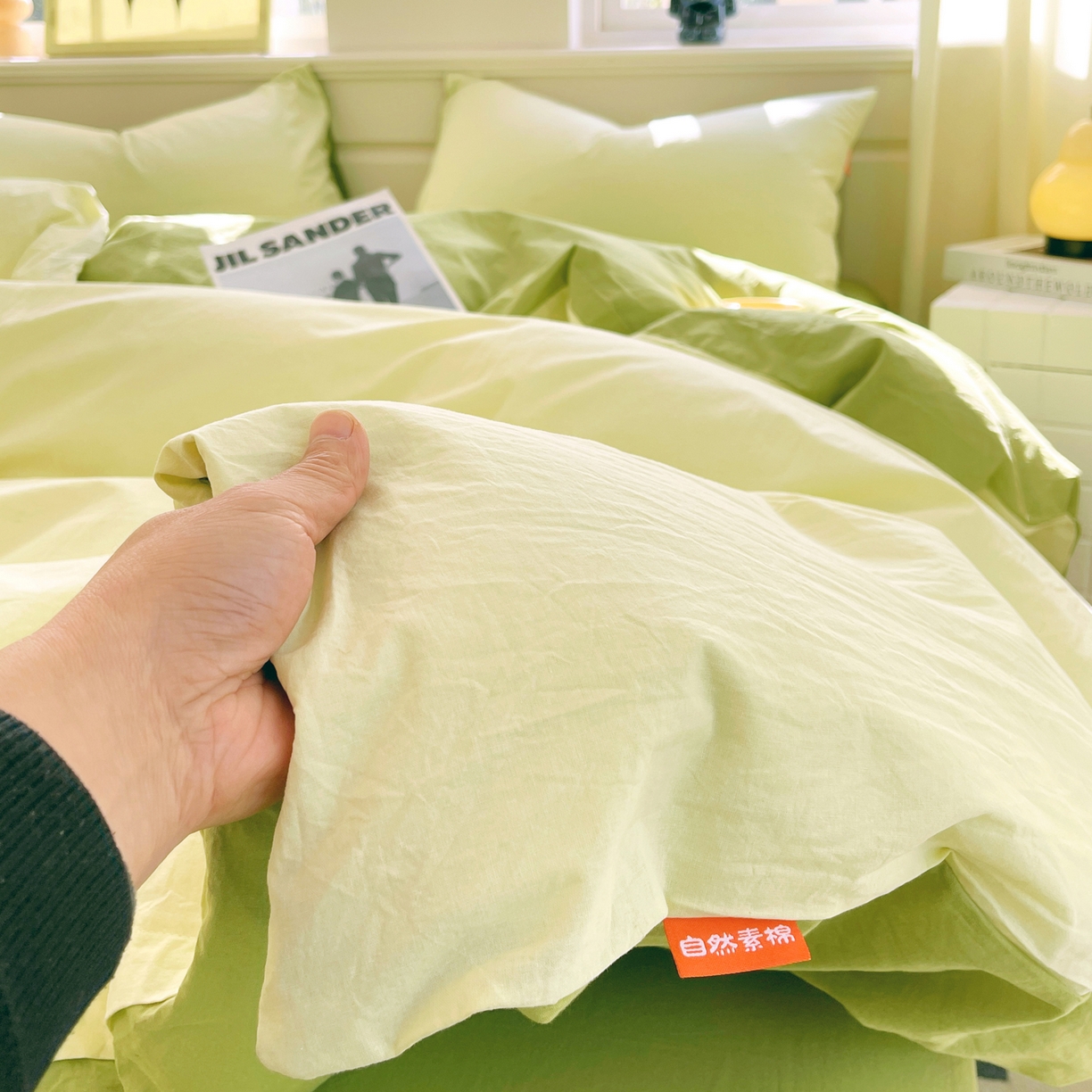 91家纺网 家纺一手货源 找家纺 春皖家纺 2026春夏新款双拼全棉纯棉水洗棉四件套 浅黄-果绿