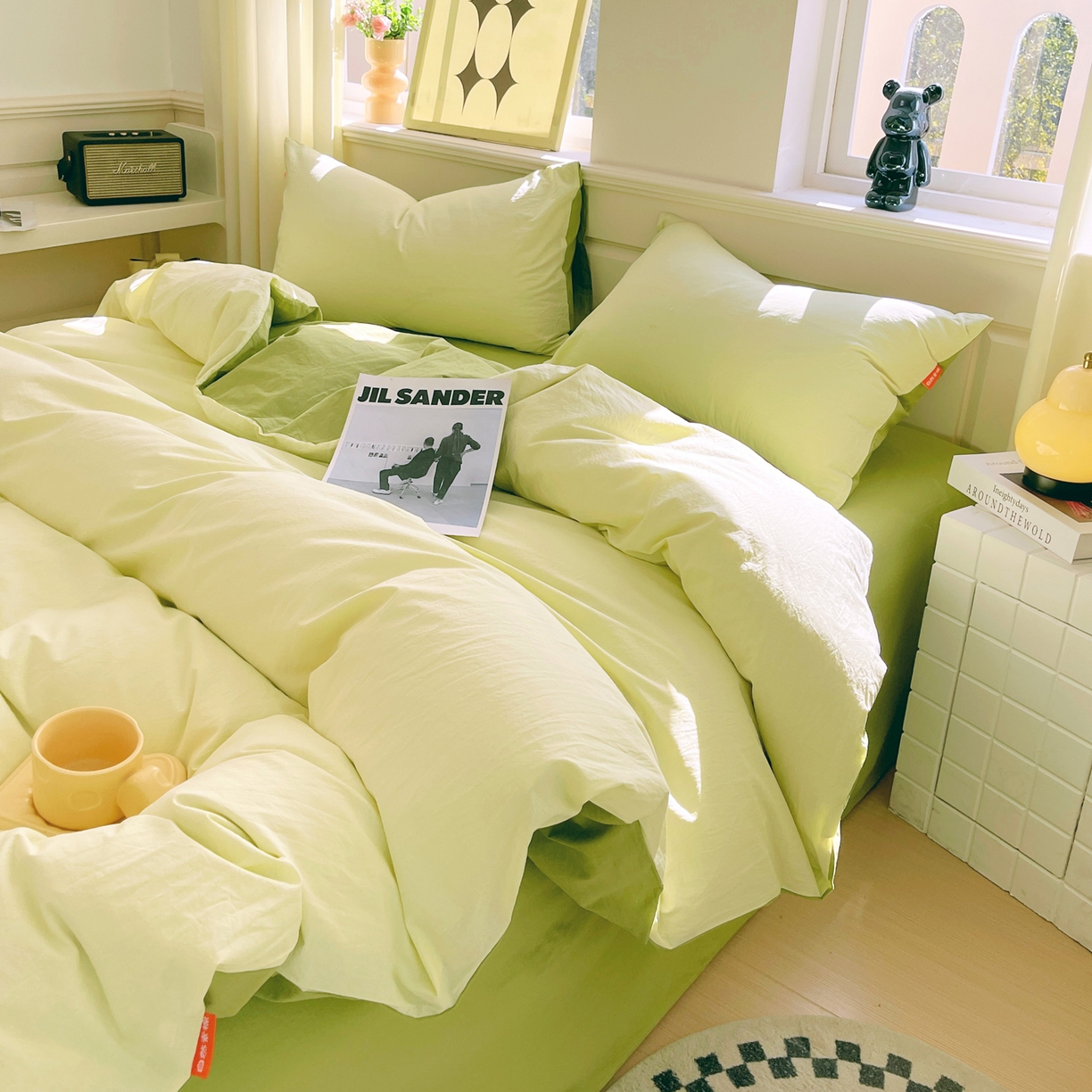 91家纺网 家纺一手货源 找家纺 春皖家纺 2026春夏新款双拼全棉纯棉水洗棉四件套 浅黄-果绿