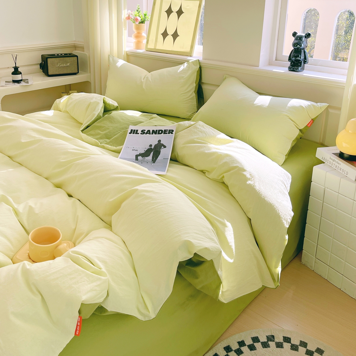 91家纺网 家纺一手货源 找家纺 春皖家纺 2026春夏新款双拼全棉纯棉水洗棉四件套 浅黄-果绿