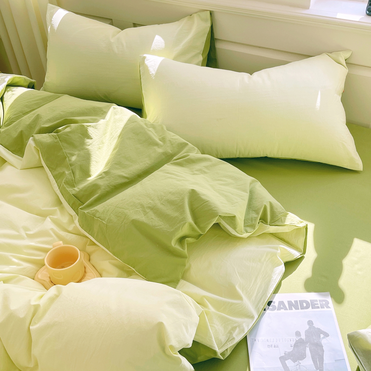 91家纺网 家纺一手货源 找家纺 春皖家纺 2026春夏新款双拼全棉纯棉水洗棉四件套 浅黄-果绿