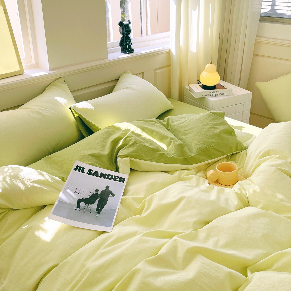 91家纺网 家纺一手货源 找家纺 春皖家纺 2026春夏新款双拼全棉纯棉水洗棉四件套 浅黄-果绿