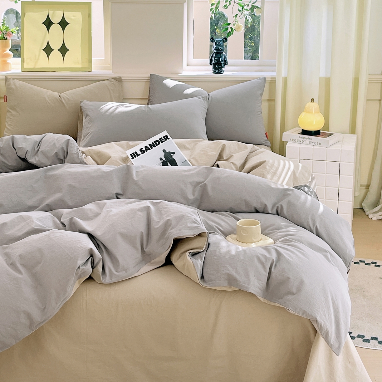 91家纺网 家纺一手货源 找家纺 春皖家纺 2026春夏新款双拼全棉纯棉水洗棉四件套 浅灰-卡其