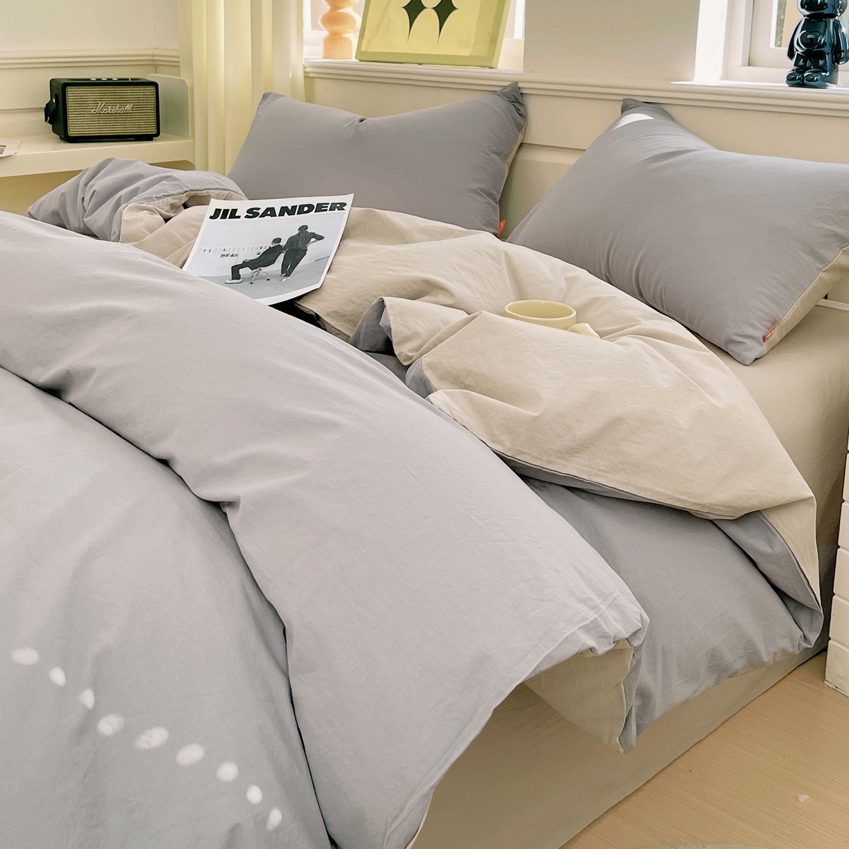 91家纺网 家纺一手货源 找家纺 春皖家纺 2026春夏新款双拼全棉纯棉水洗棉四件套 浅灰-卡其