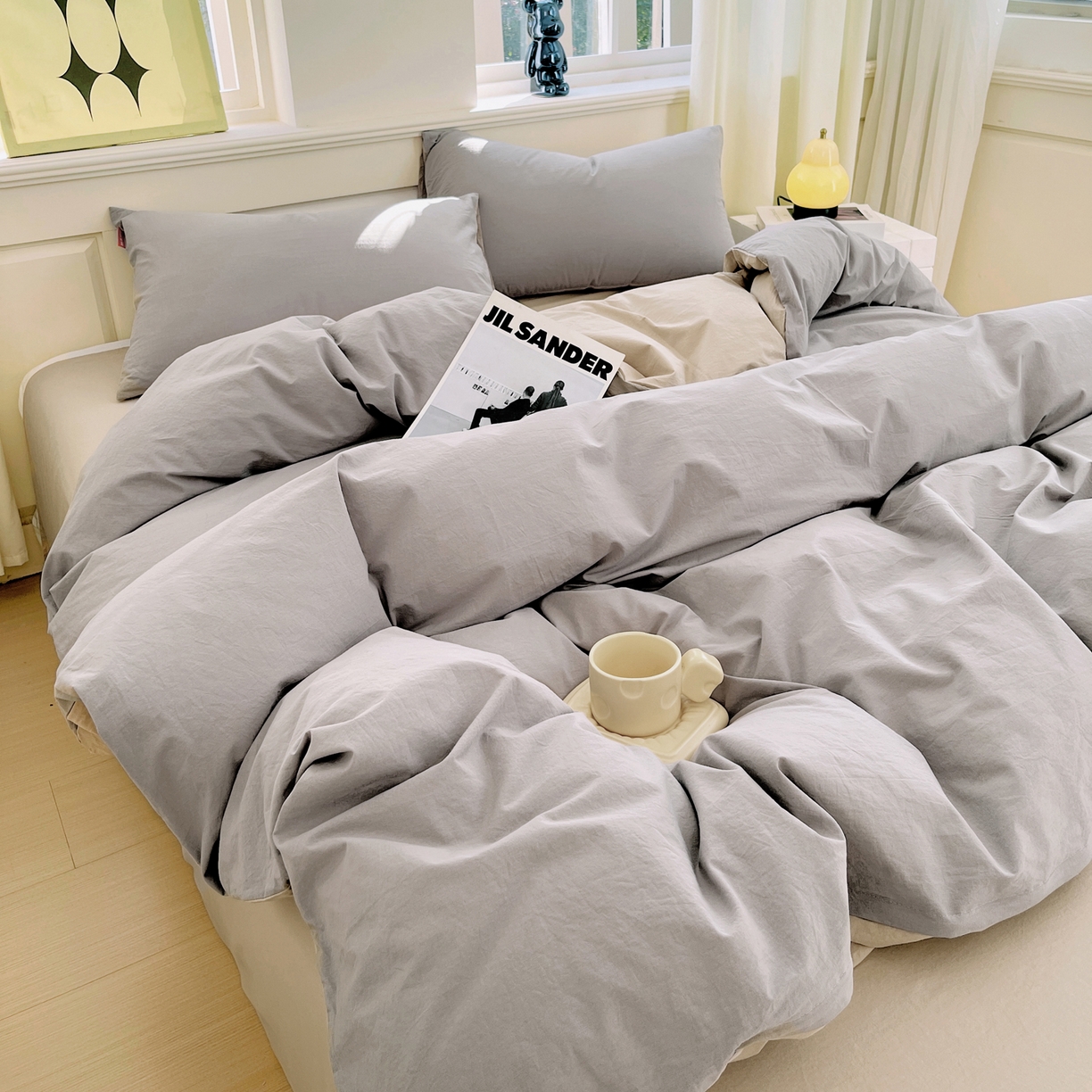 91家纺网 家纺一手货源 找家纺 春皖家纺 2026春夏新款双拼全棉纯棉水洗棉四件套 浅灰-卡其