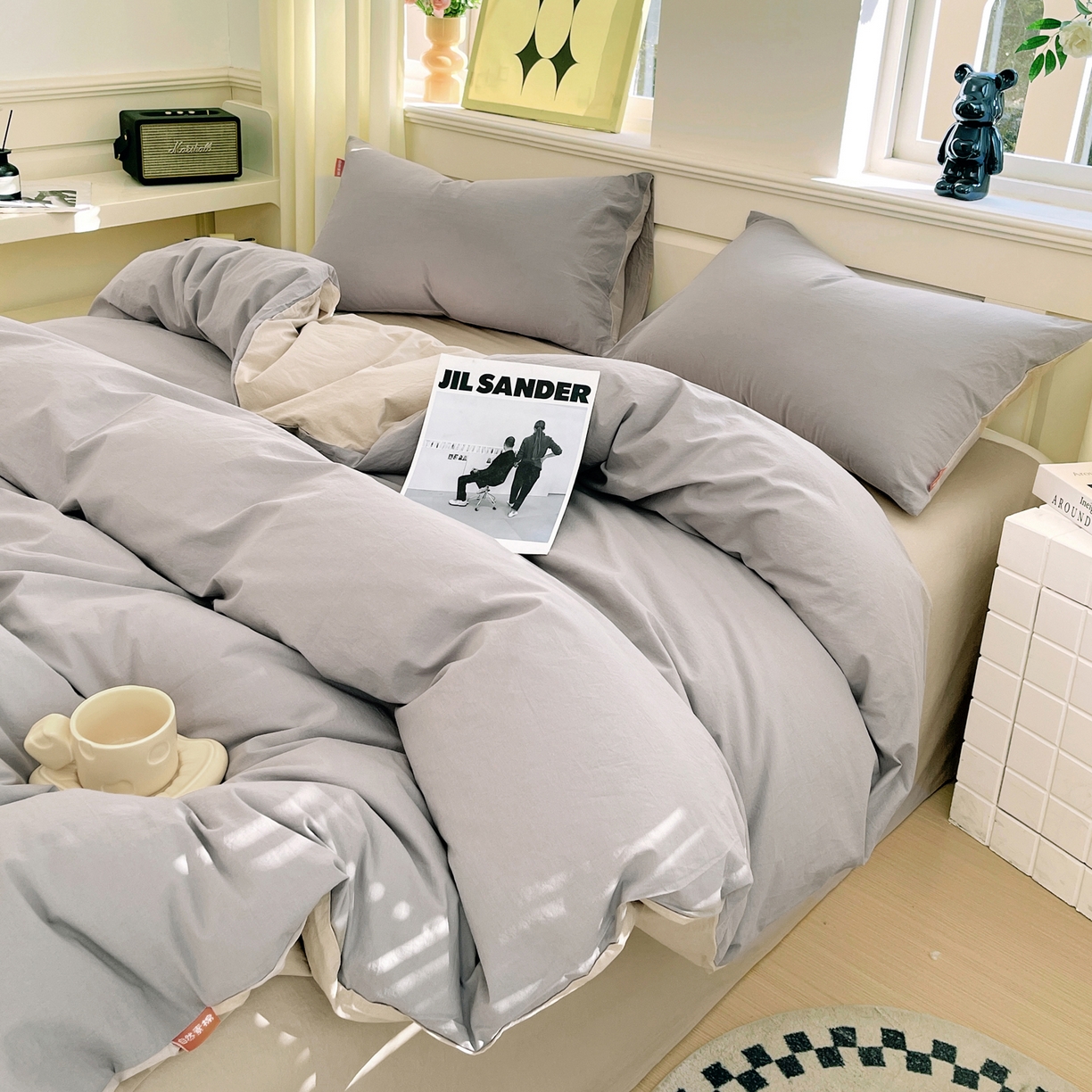 91家纺网 家纺一手货源 找家纺 春皖家纺 2026春夏新款双拼全棉纯棉水洗棉四件套 浅灰-卡其