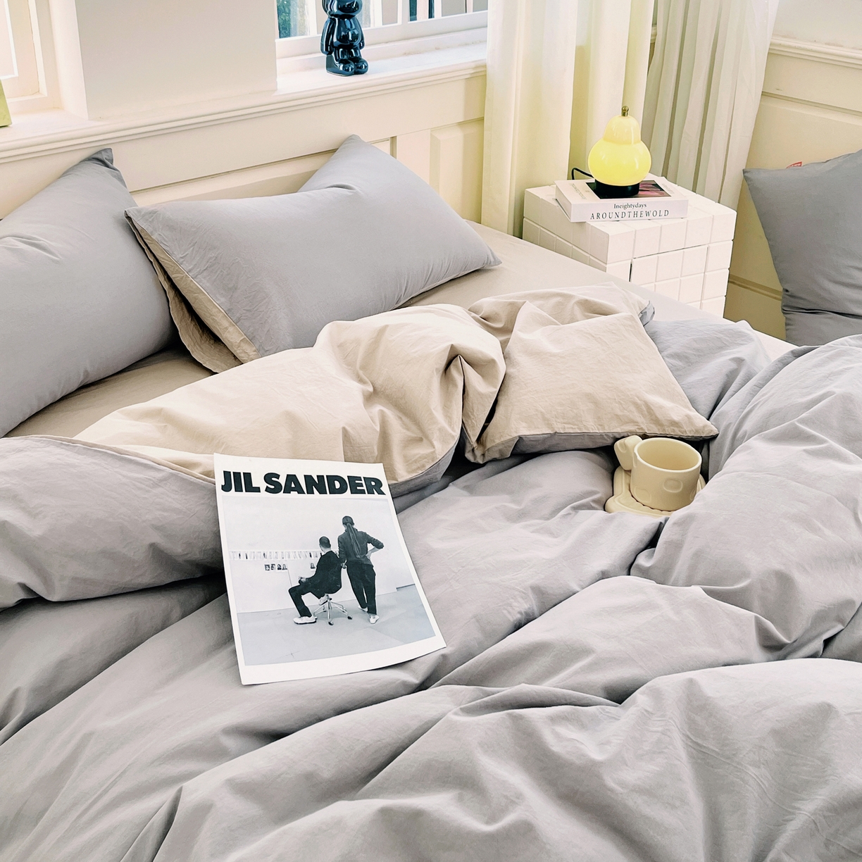 91家纺网 家纺一手货源 找家纺 春皖家纺 2026春夏新款双拼全棉纯棉水洗棉四件套 浅灰-卡其