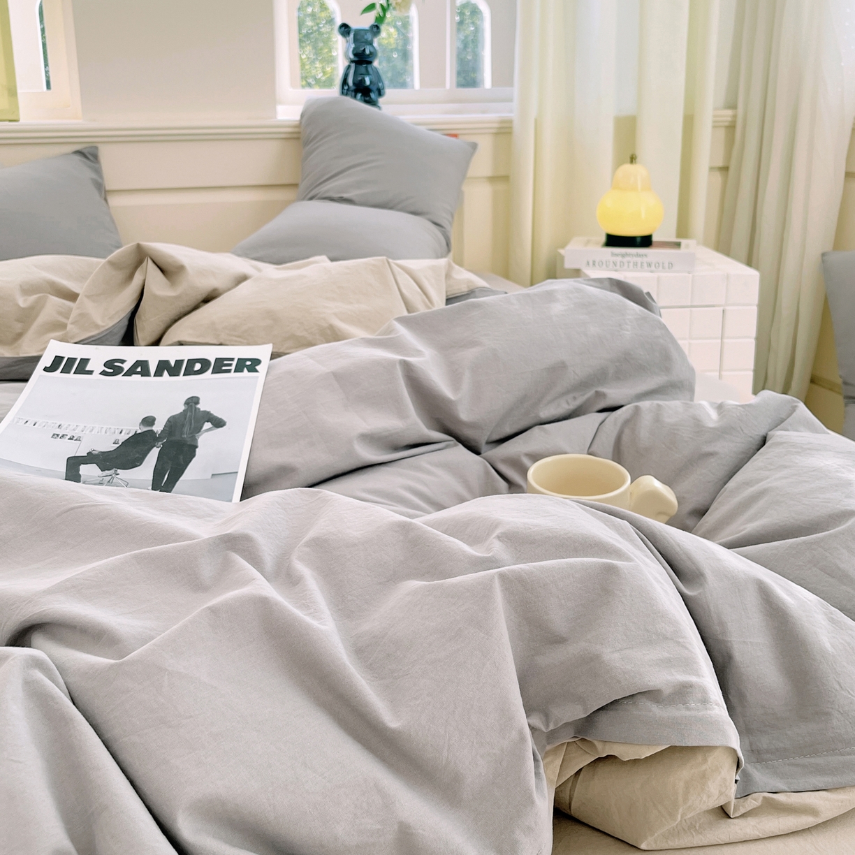 91家纺网 家纺一手货源 找家纺 春皖家纺 2026春夏新款双拼全棉纯棉水洗棉四件套 浅灰-卡其