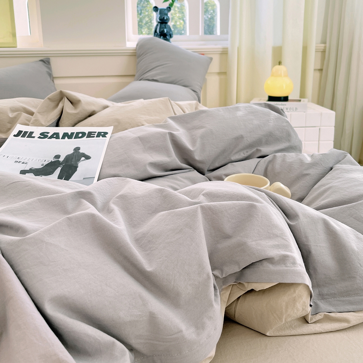 91家纺网 家纺一手货源 找家纺 春皖家纺 2026春夏新款双拼全棉纯棉水洗棉四件套 浅灰-卡其