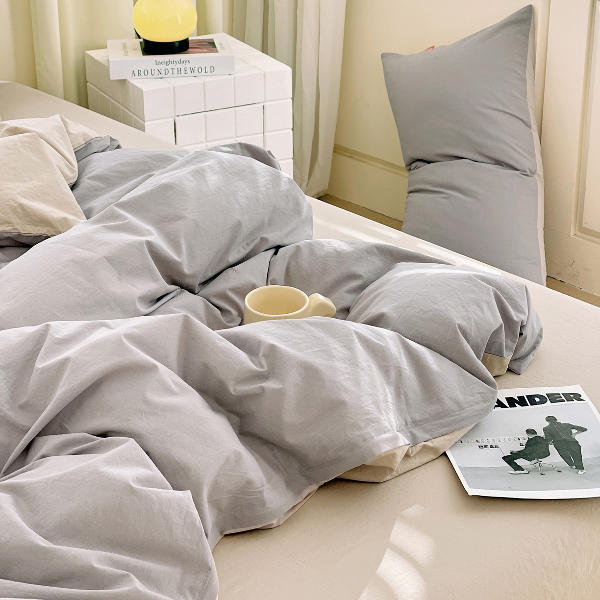 91家纺网 家纺一手货源 找家纺 春皖家纺 2026春夏新款双拼全棉纯棉水洗棉四件套 浅灰-卡其