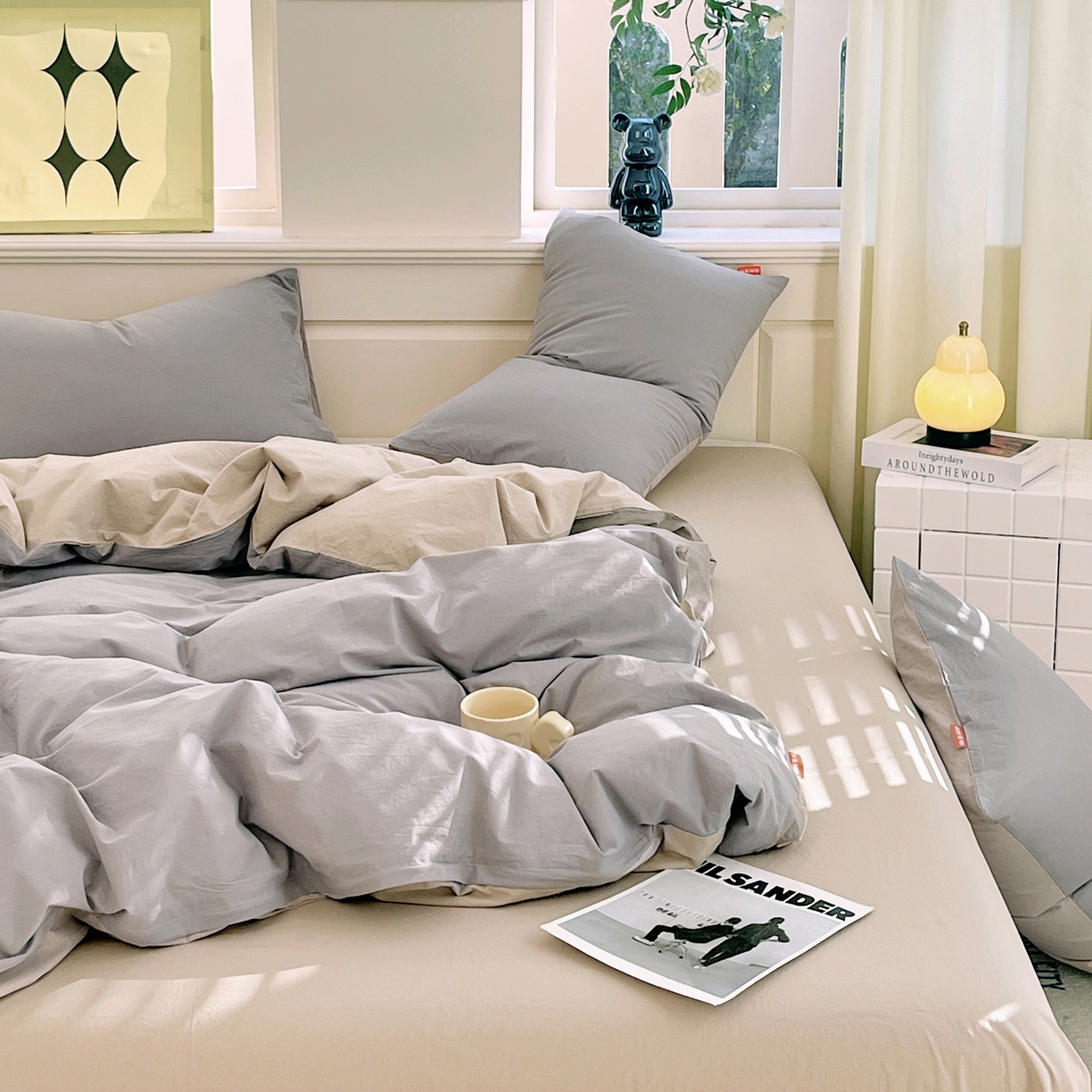 91家纺网 家纺一手货源 找家纺 春皖家纺 2026春夏新款双拼全棉纯棉水洗棉四件套 浅灰-卡其