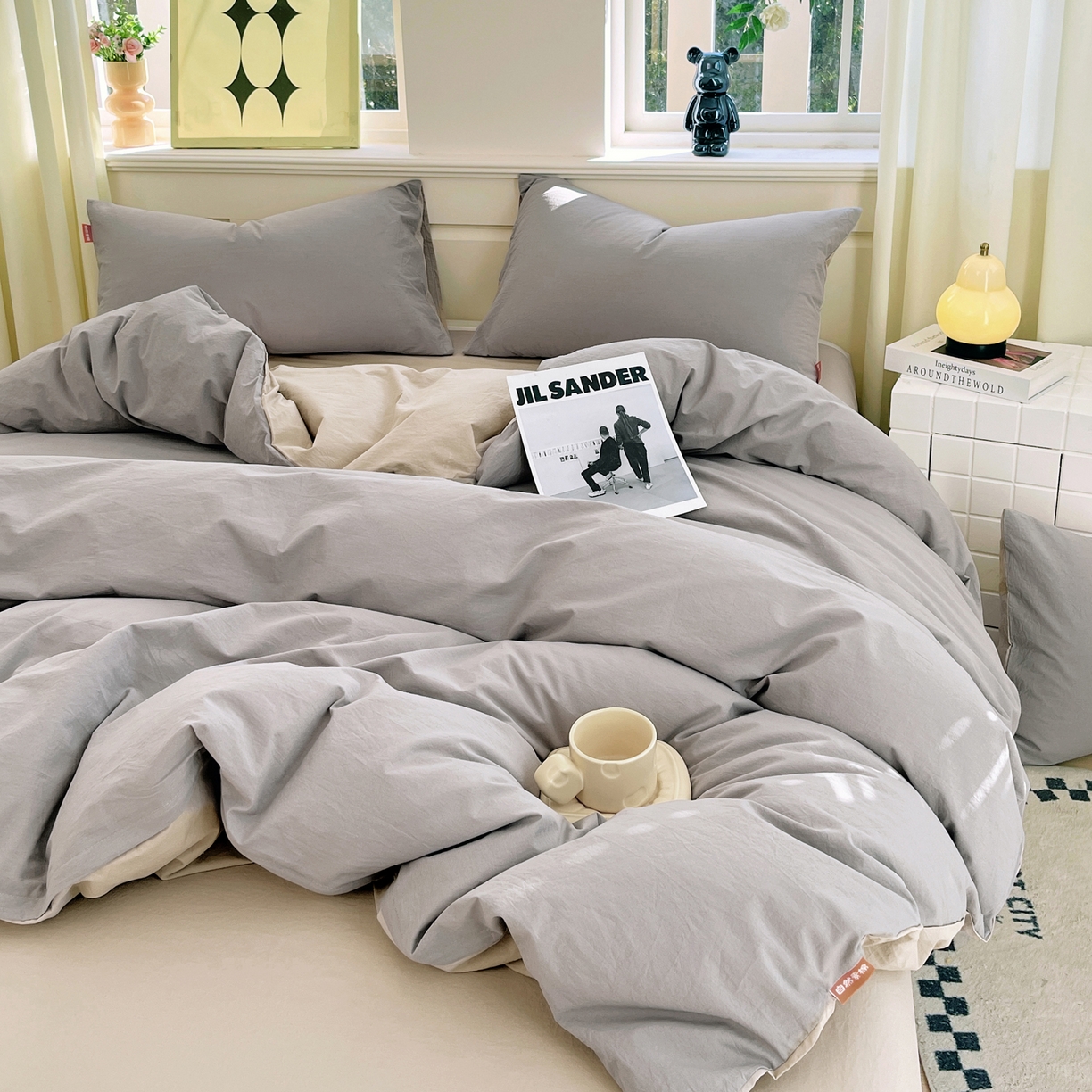 91家纺网 家纺一手货源 找家纺 春皖家纺 2026春夏新款双拼全棉纯棉水洗棉四件套 浅灰-卡其