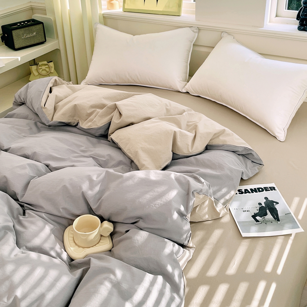 91家纺网 家纺一手货源 找家纺 春皖家纺 2026春夏新款双拼全棉纯棉水洗棉四件套 浅灰-卡其