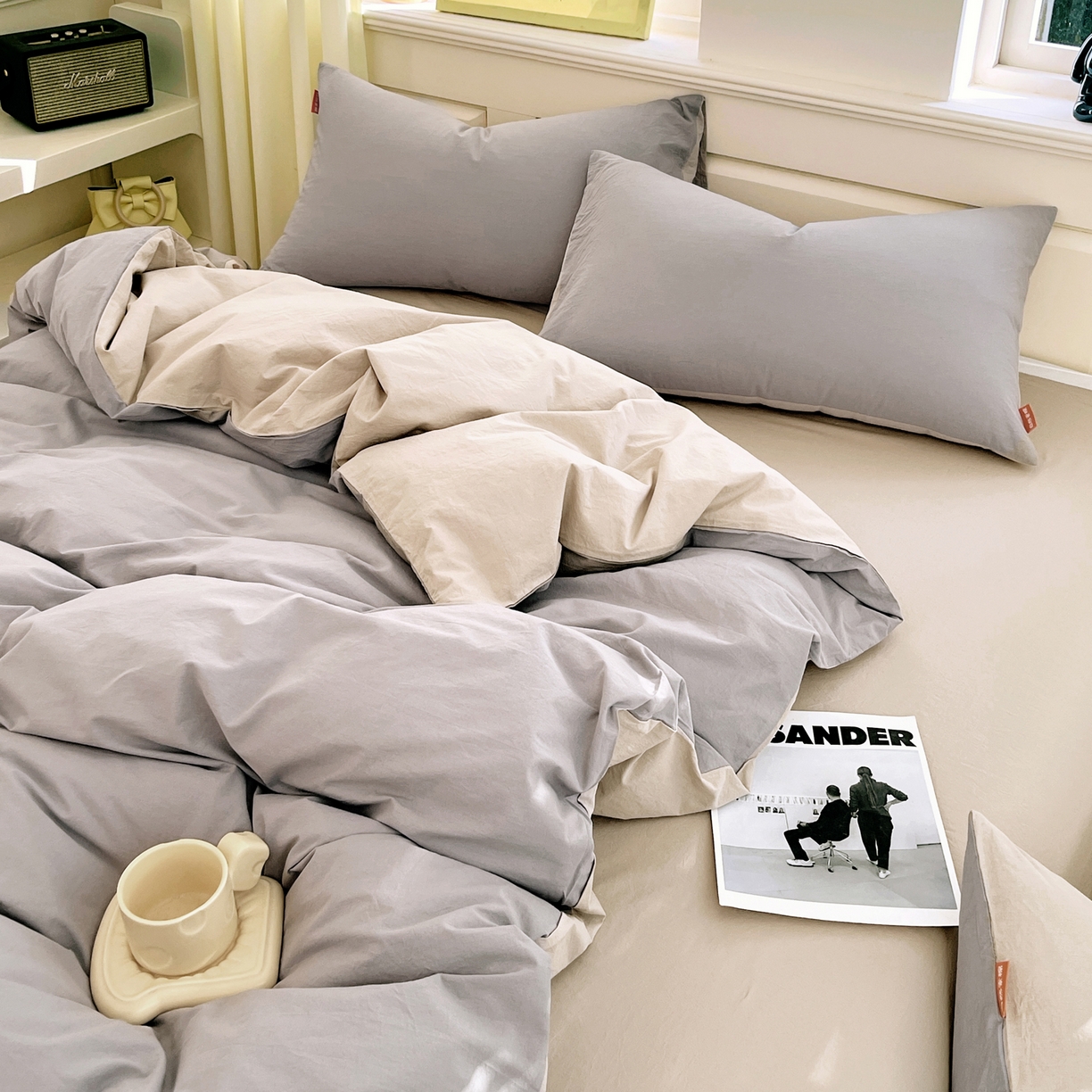 91家纺网 家纺一手货源 找家纺 春皖家纺 2026春夏新款双拼全棉纯棉水洗棉四件套 浅灰-卡其