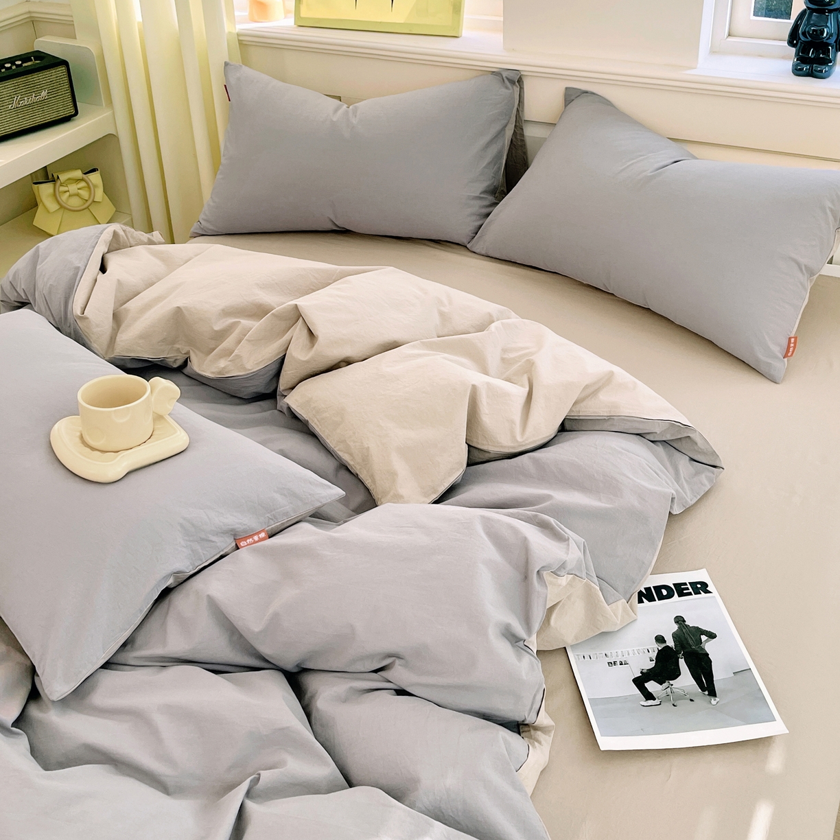 91家纺网 家纺一手货源 找家纺 春皖家纺 2026春夏新款双拼全棉纯棉水洗棉四件套 浅灰-卡其