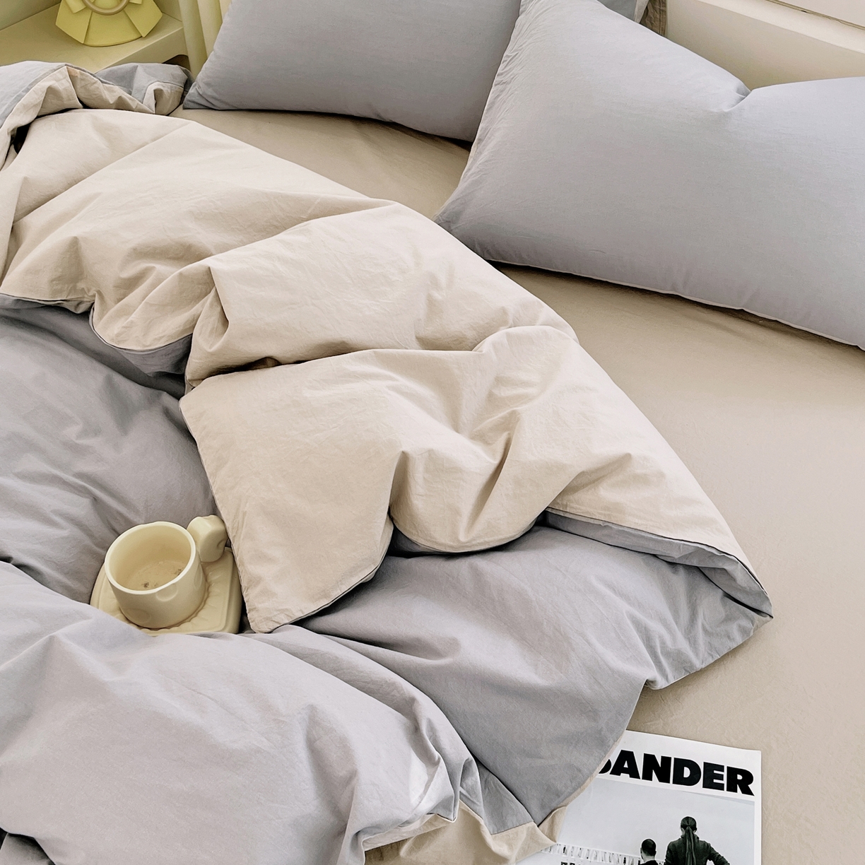 91家纺网 家纺一手货源 找家纺 春皖家纺 2026春夏新款双拼全棉纯棉水洗棉四件套 浅灰-卡其