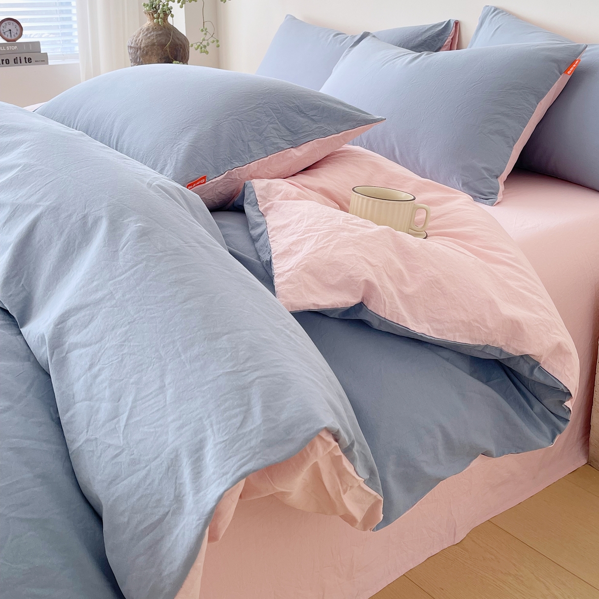 春皖家纺 2026春夏新款双拼全棉纯棉水洗棉四件套 浅蓝-樱花粉