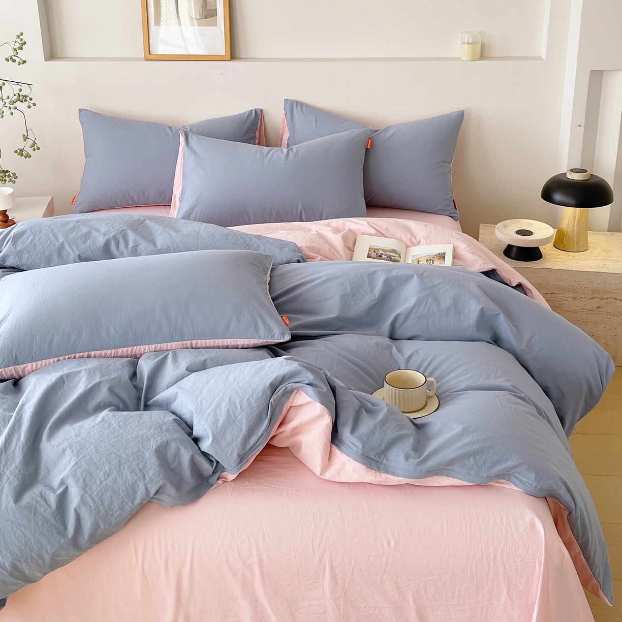 91家纺网 家纺一手货源 找家纺 春皖家纺 2026春夏新款双拼全棉纯棉水洗棉四件套 浅蓝-樱花粉