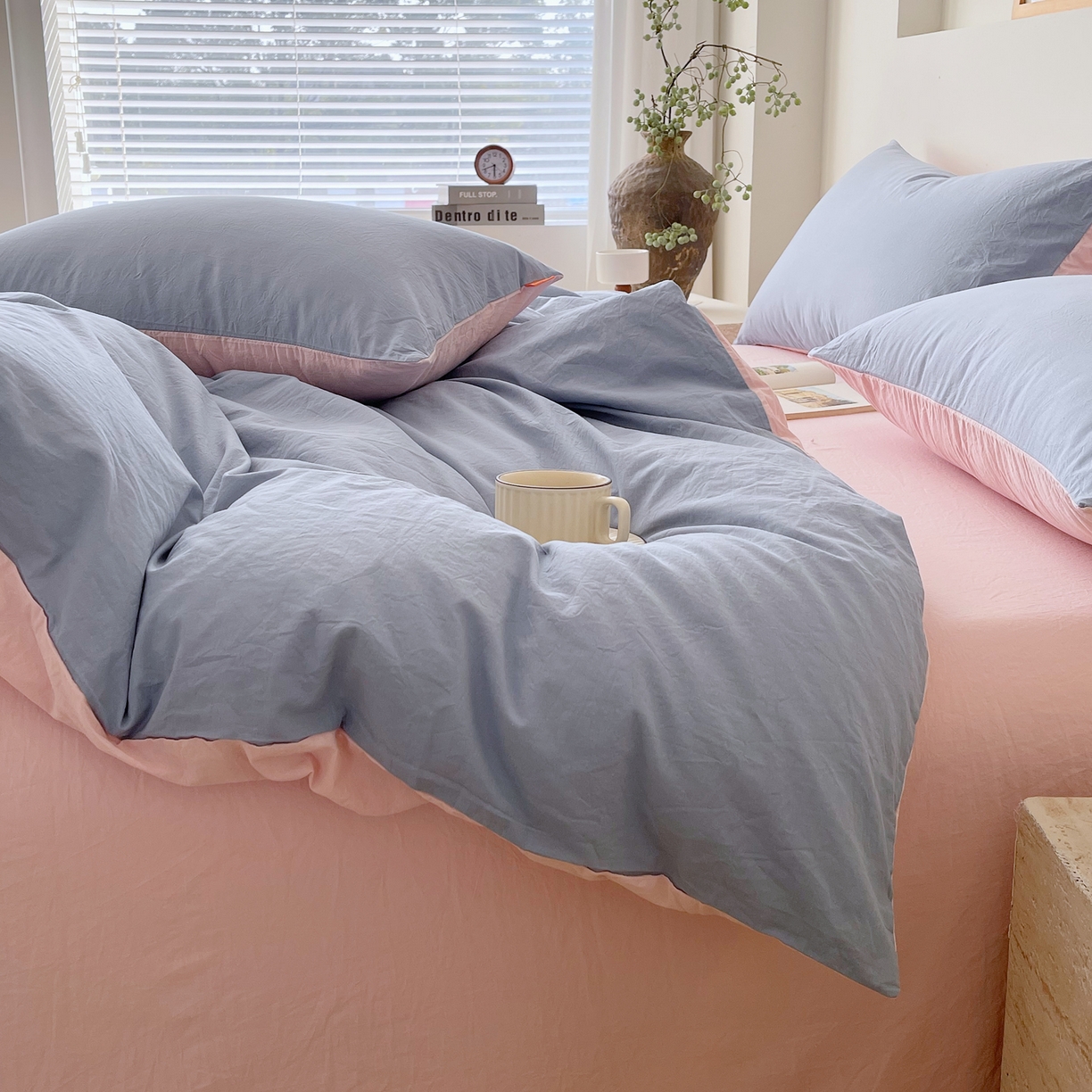 91家纺网 家纺一手货源 找家纺 春皖家纺 2026春夏新款双拼全棉纯棉水洗棉四件套 浅蓝-樱花粉