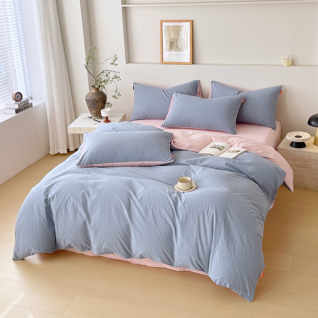 91家纺网 家纺一手货源 找家纺 春皖家纺 2026春夏新款双拼全棉纯棉水洗棉四件套 浅蓝-樱花粉