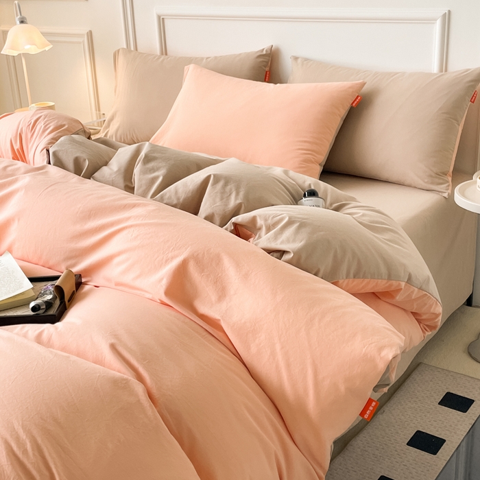 91家纺网 家纺一手货源 找家纺 春皖家纺 2026春夏新款双拼全棉纯棉水洗棉四件套 浅玉-卡其