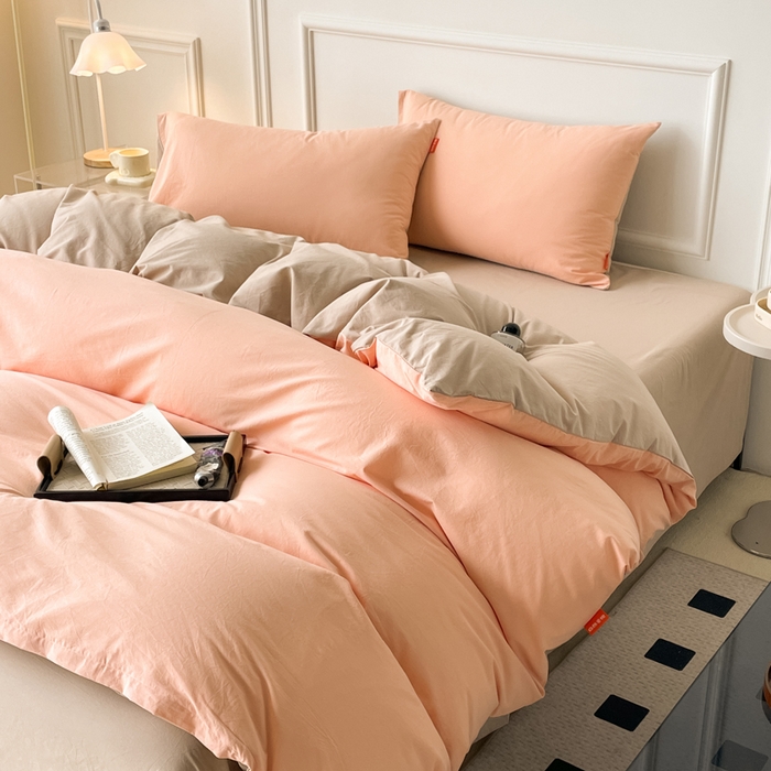 91家纺网 家纺一手货源 找家纺 春皖家纺 2026春夏新款双拼全棉纯棉水洗棉四件套 浅玉-卡其