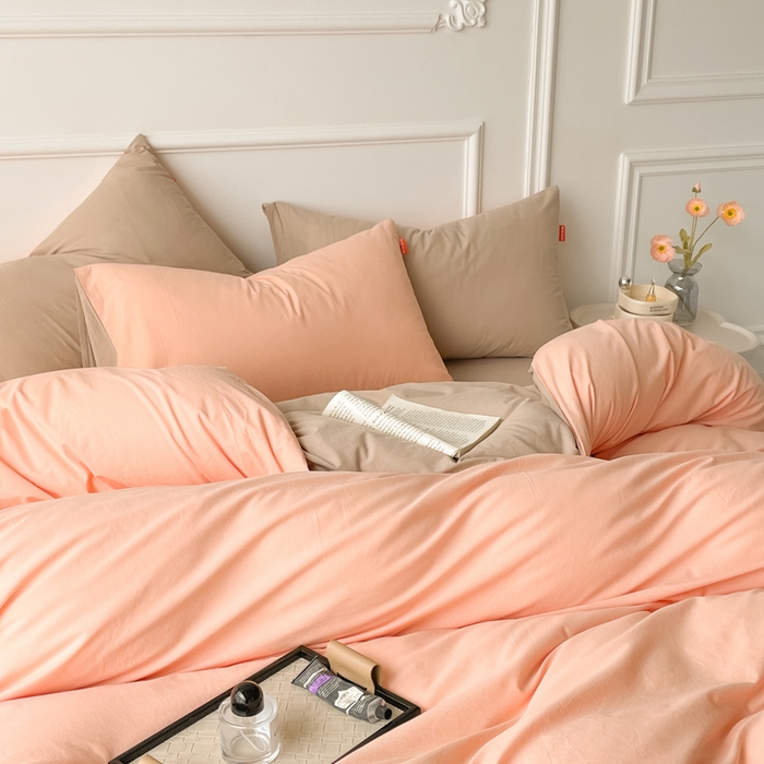 91家纺网 家纺一手货源 找家纺 春皖家纺 2026春夏新款双拼全棉纯棉水洗棉四件套 浅玉-卡其