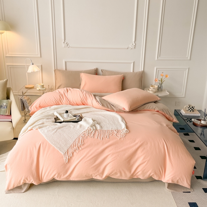 91家纺网 家纺一手货源 找家纺 春皖家纺 2026春夏新款双拼全棉纯棉水洗棉四件套 浅玉-卡其