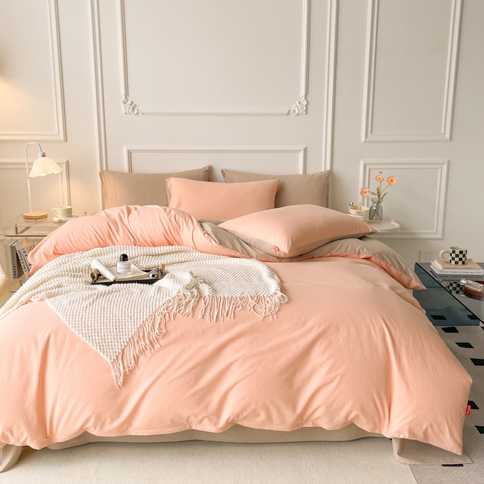 91家纺网 家纺一手货源 找家纺 春皖家纺 2026春夏新款双拼全棉纯棉水洗棉四件套 浅玉-卡其