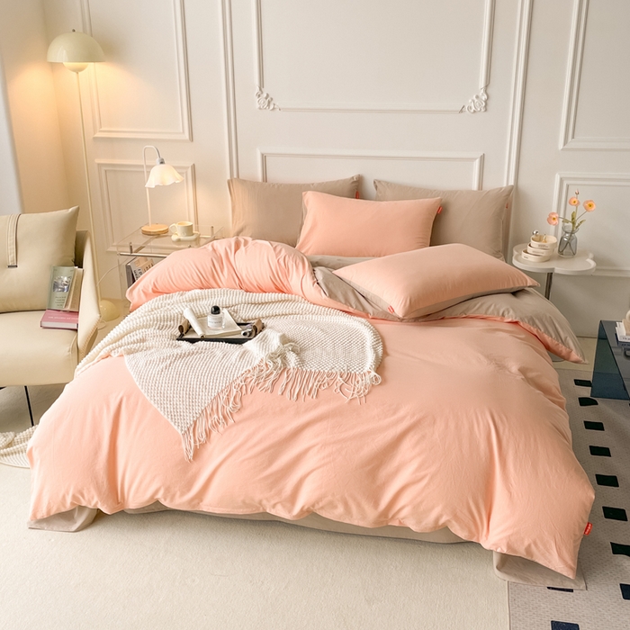 91家纺网 家纺一手货源 找家纺 春皖家纺 2026春夏新款双拼全棉纯棉水洗棉四件套 浅玉-卡其