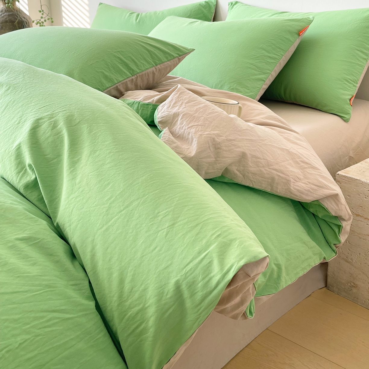 春皖家纺 2026春夏新款双拼全棉纯棉水洗棉四件套 青草绿-卡其