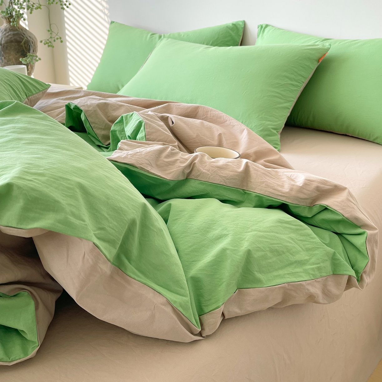 91家纺网 家纺一手货源 找家纺 春皖家纺 2026春夏新款双拼全棉纯棉水洗棉四件套 青草绿-卡其