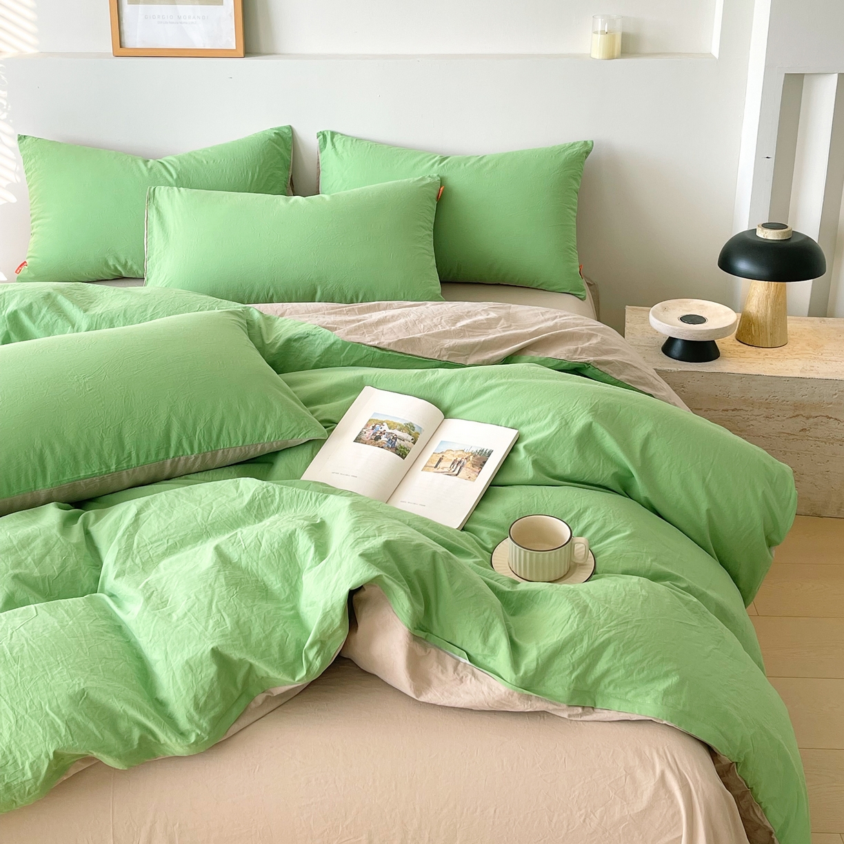 91家纺网 家纺一手货源 找家纺 春皖家纺 2026春夏新款双拼全棉纯棉水洗棉四件套 青草绿-卡其